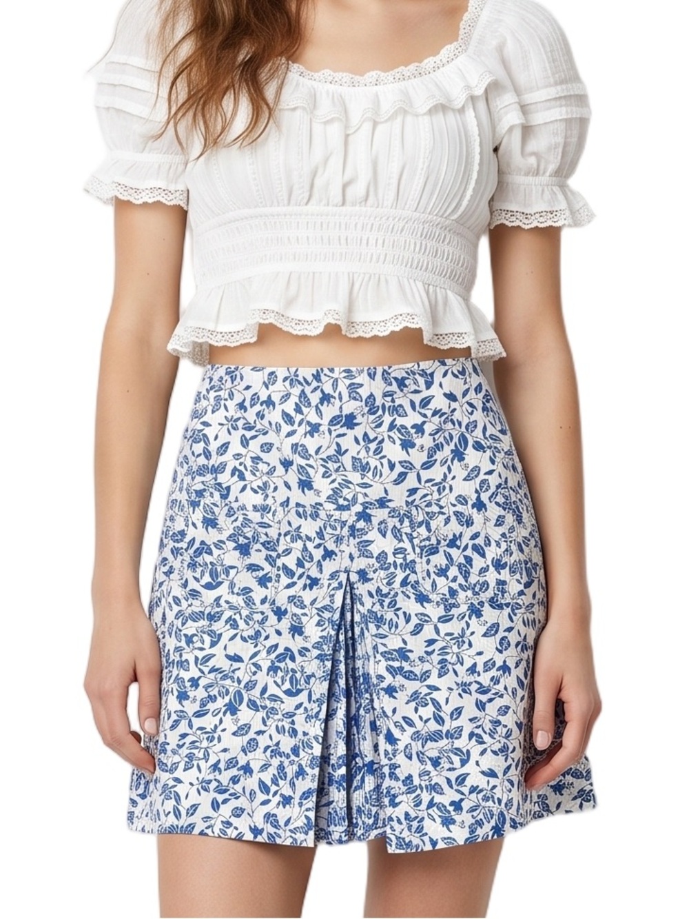 DVF Blue and white Dainty print mini skirt front kick pleat contour waist Aline - Picture 8 of 14